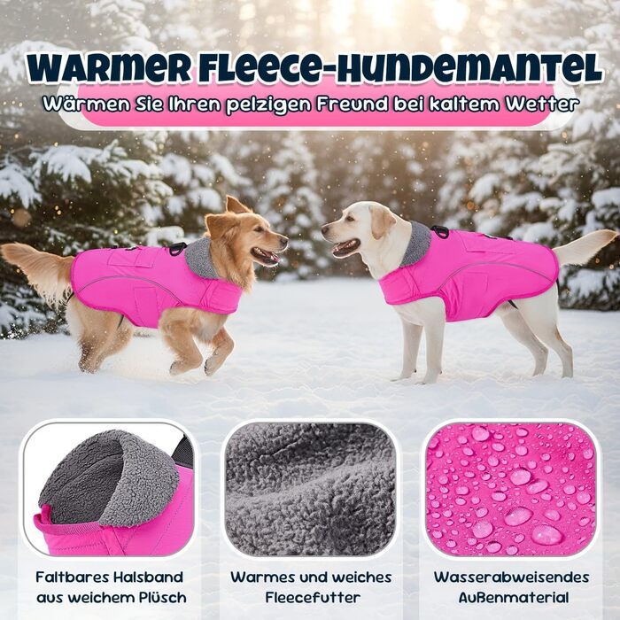 Теплий зимовий одяг для собак Nasjac - куртка з флісовою підкладкою, світловідбиваючими смугами та кишенями, водонепроникна захисна жилетка для собак середніх та великих порід, колір фуксія, розмір L
