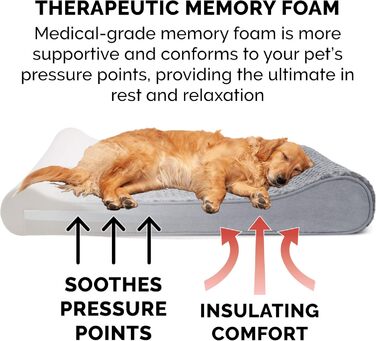 Крісло-лежанка для собак великих порід Furhaven з піною з пам'яті, знімний та пральний чохол, до 81,6 кг, ультра-м'яке штучне хутро та велюр, контурна матрацна поверхня, сірий колір, розмір XXXL (147 x 107 x 23 см)