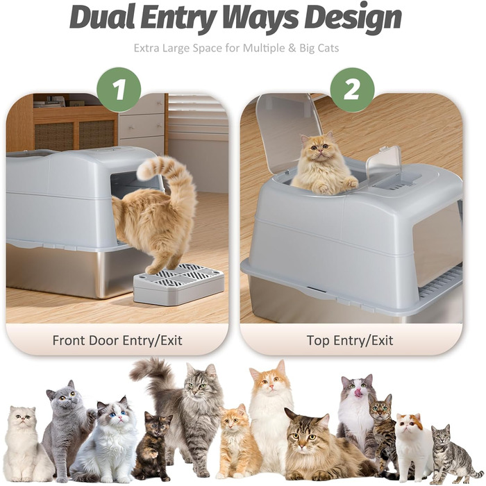 XXL Лоток для котів зі сталі з кришкою, 110° поворотна кришка, закритий лоток для котів, великий об'єм 40л з совочком та педальним механізмом, без запаху, захист від протікання та легке очищення, 60х42х44 см