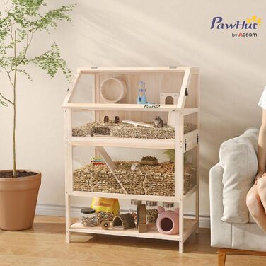 Клітка для хом'яків PawHut дерев'яна 3 поверхи 80x53x117 см для гризунів та дрібних тварин з колесом, похилою платформою, пляшкою для води та будиночком