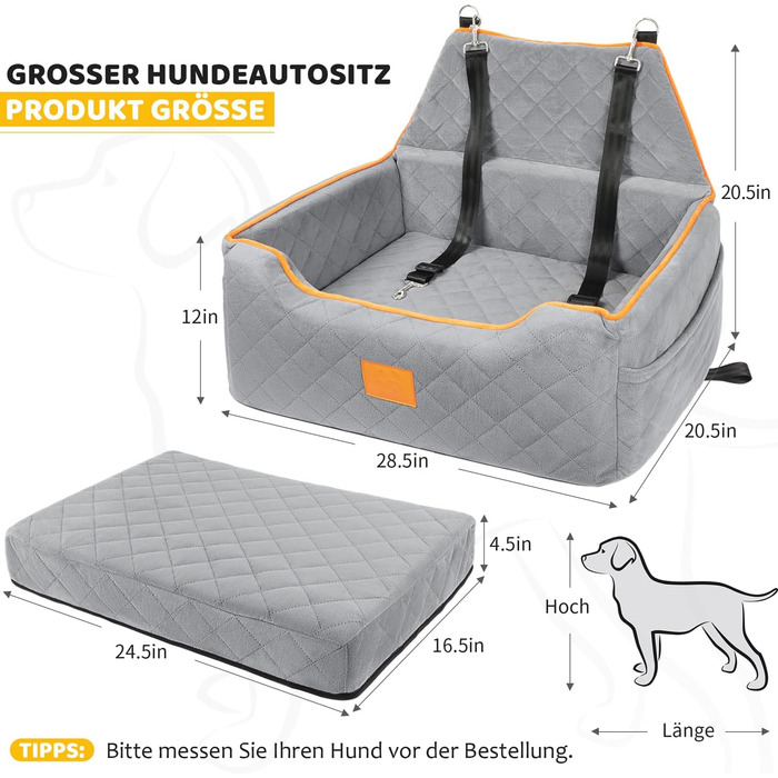 Зручний собачий сидіння для великих та середніх собак, до 25 кг, знімний та пральний, з товстими подушками та кишенями для зберігання (сірий)