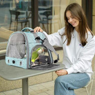 Транспортна сумка для птахів Vogel з підставкою та металевим підносом, переноска для папуг, рюкзак для птахів з дерев'яною ручкою, переносна клітка для малих птахів, блакитна