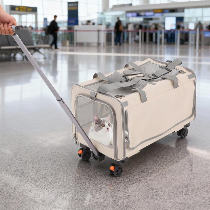 Транспортна переноска для собак та котів з колесами, складна, з дихаючими віконцями, двокамерна (Бежевий)