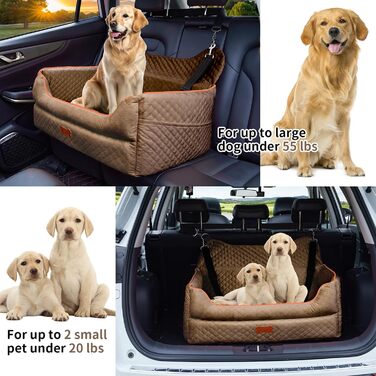 Автокрісло для собак великих та середніх порід – підвищення для собак з Memory Foam, до 25 кг або 2 маленькі собаки, знімний та пральний лежак з товстим матрацом та кишенями для зберігання, Рожевий (Large, Коричневий)