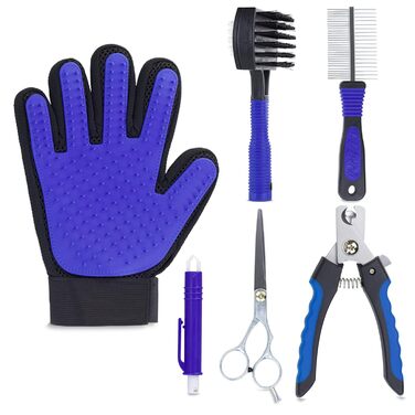 Набір для догляду за тваринами 7 предметів: щітка для шерсті, ножиці для шерсті, ножиці для кігтів, рукавичка для вичісування, щітка для ворсу, щипці для кліщів, для собак, котів, дрібних тварин