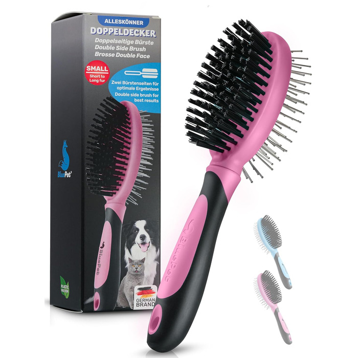 Щітка для собак BluePet 2 в 1 для довгої та короткої шерсті, для цуценят та котів. Розчісування, вирівнювання, вибирання. Універсальна щітка з щетиною (Рожева, S-M)