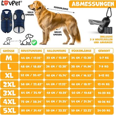 LOVPET® Зимова куртка для собак 4XL, водонепроникна, утеплена, з вбудованим шлейкою, рефлекторами та D-кільцем, темно-синя, у комплекті 45 пакетів для прибирання та диспенсер