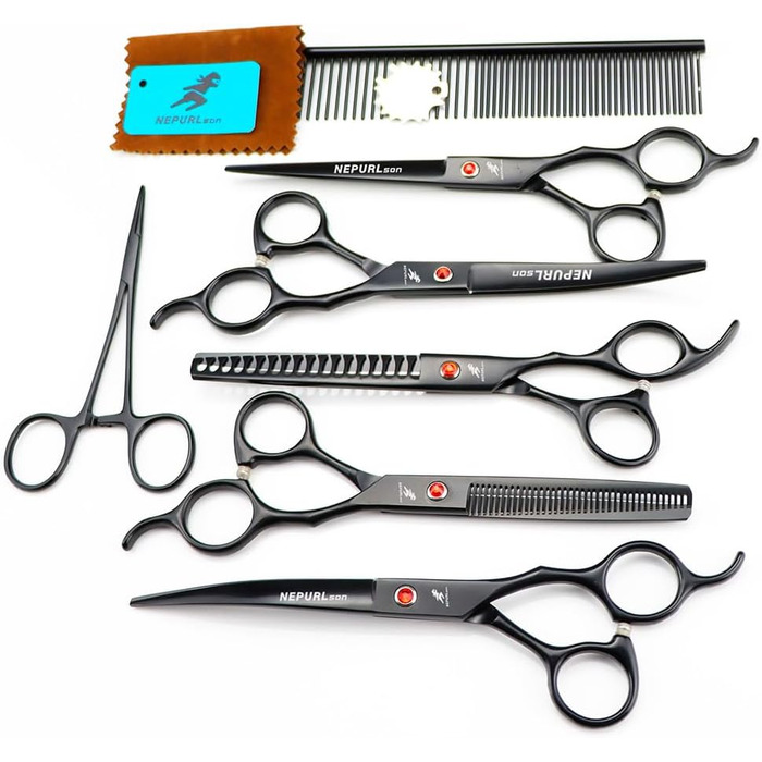 Набір професійних ножиць для грумінгу тварин - прецизійний зріз, ножиці для розрідження та прямі/вигнуті ножиці для собак та котів - 6 предметів (Schwarz)