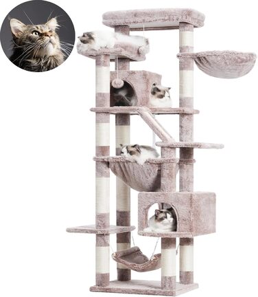 Кігтеточка-вежа для котів Heybly HCT034G, 180 см, коричнево-бежева: 2 платформи, 2 будиночки, гамак, кошик, когтешкреб