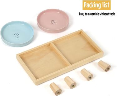 Миска для котів плоска керамічна з дерев'яною підставкою, піднята станція для годування з 2 керамічними мисками, миска для котів, діаметр миски 16 см для їжі та води, рожева & блакитна, блакитно-рожева