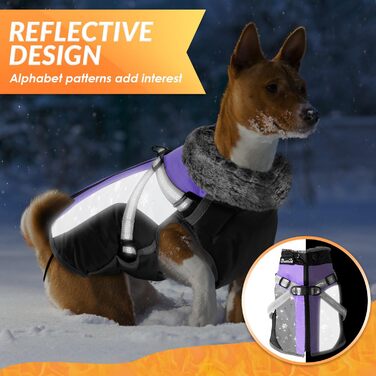 Зимовий одяг для собак Nasjac з відстібаною шлейкою, водонепроникна флісова куртка для собак маленьких, середніх та великих порід, відображаючий регульований пухнастий одяг для собак Outdoor Hunter Weste (M (Обхват грудей 47-51см), Чорно-фіолетовий)