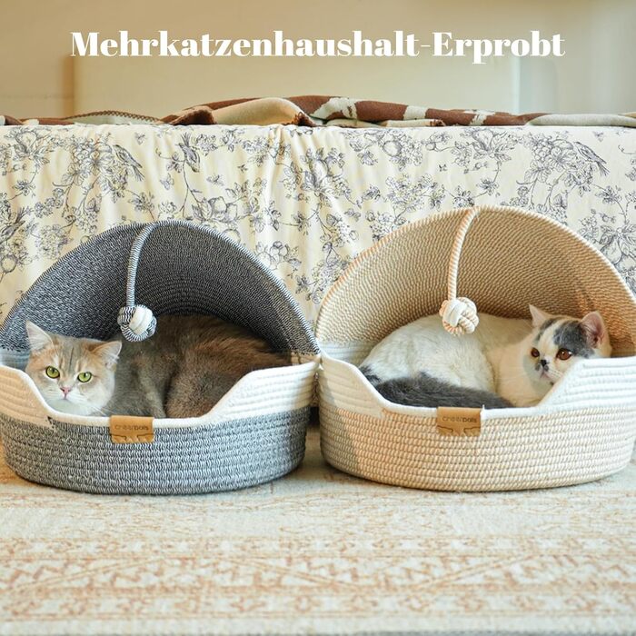 Кошик для котів CheerPals з подушкою, 47 см, бежевий. Плетений з бавовняних мотузок, миється, для сну котів, універсальний, для всіх сезонів
