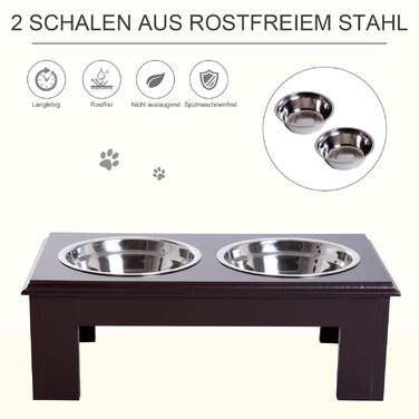 PawHut Dog Bowl Набір з 2 мисок для їжі з нержавіючої сталі, піднята миска для кішки, МДФ, проста в обслуговуванні, кава, 44x24x15см| Аосом