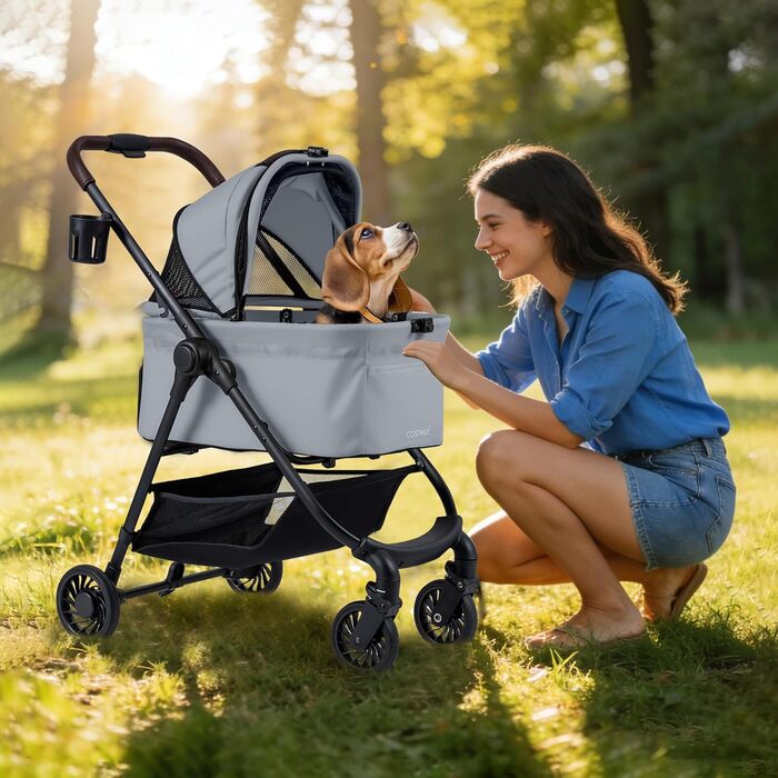 Візок для собак COSTWAY 3 в 1: візок-будка, візок для тварин з регульованим дахом, кошиком та тримачем для напоїв, для собак та котів до 15 кг, металевий (сірий)