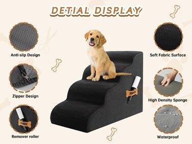 Сходинка для собак та котів Romrol – 4 сходинки, чорний колір, з неслизьким покриттям, з Memory Foam, для захисту суглобів