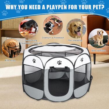 Складана переносна вольєр для цуценят та собак, 74x74x43 см, водовідштовхувальне полотно Oxford, сірий, M