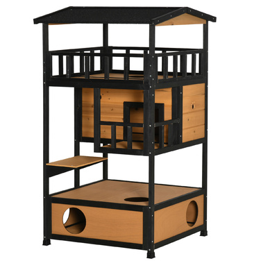 PawHut Cat House Ялина Wood Cat House 4 поверхи зі сходами, зимостійкий асфальтовий дах, жовтий, 75,5x75x137см, ідеально підходить для вулиці та патіо