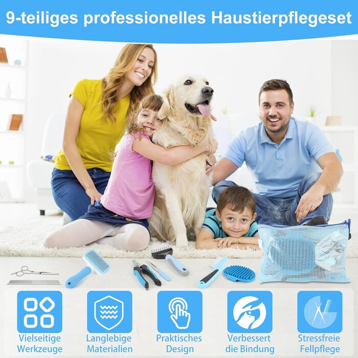 Набір для грумінгу собак та котів (9 предметів) - щітка для самостійного очищення, гребінець для видалення ковтунів, триммер для нігтів з напилком, гребінець від бліх, рукавичка для миття - професійний набір для догляду за шерстю (синій)