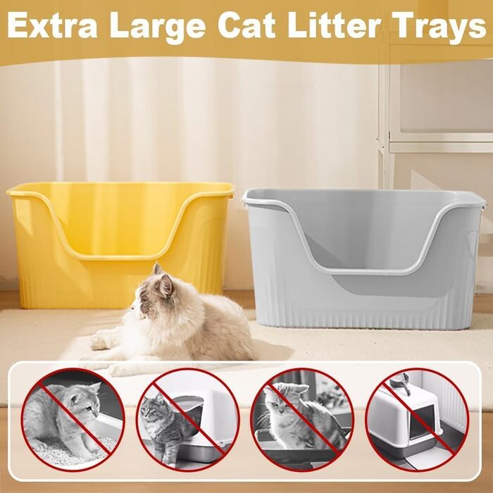 Відкритий лоток для котів Duscdesp, великий 64x45x33 см, без кришки, з високим бортиком, сірий, для великих котів та кошенят, захист від розбризкування