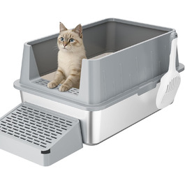 Лоток для котів Lifewit 28L з нержавіючої сталі, відкритий, 60x40x30 см, з лопаткою та педалем, сірий. Лоток для котів XXL, великий, без кришки, для великих котів, для вітальні, спальні