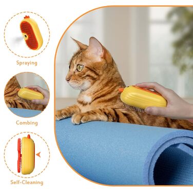 Паровушка для котів з кнопкою розблокування, 4-в-1 покращена багатофункціональна парова щітка для котів, самоочисна щітка для догляду за шерстю довгошерстих, короткошерстих собак, котів, жовта