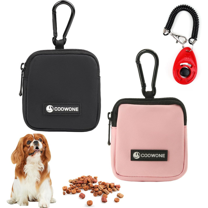 Сумка для ласощів для собак COOWONE з тренувальним клікером, водонепроникна, з карабіном, для прогулянок, утримувач для пакетів, чорний + рожевий