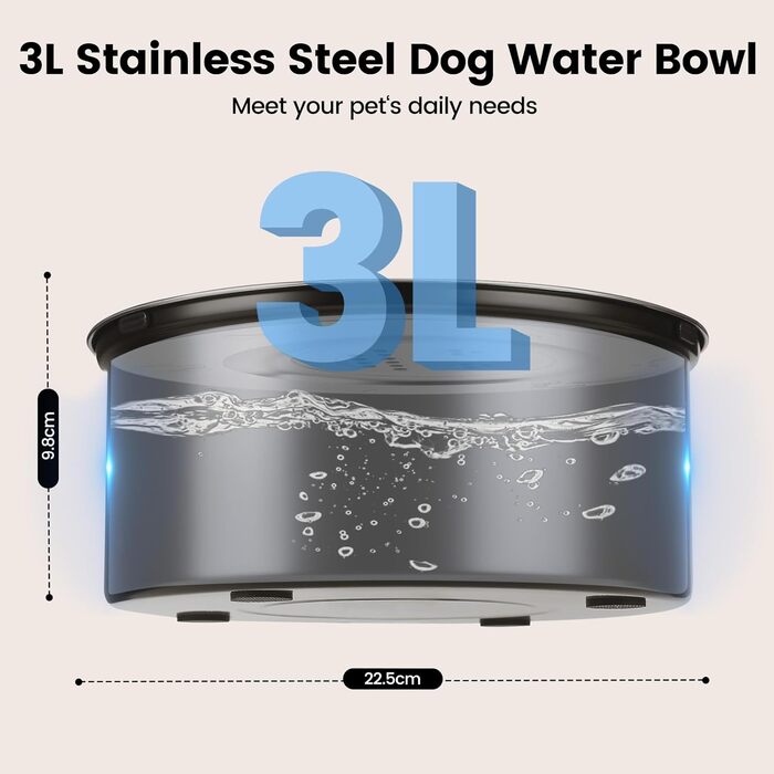 Миска для собак IDOGCHEW 3L з нержавіючої сталі, проти проливання, з антиковзним дном, чорна