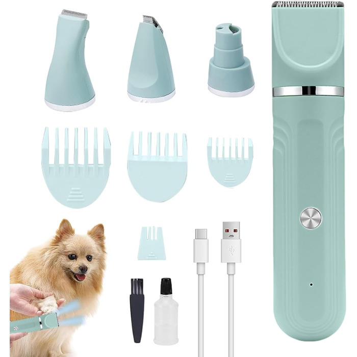 Триммер для собак | Набір для догляду за собаками 4-в-1 | Акумуляторна регульована ножиці для цуценят вдома, зелений