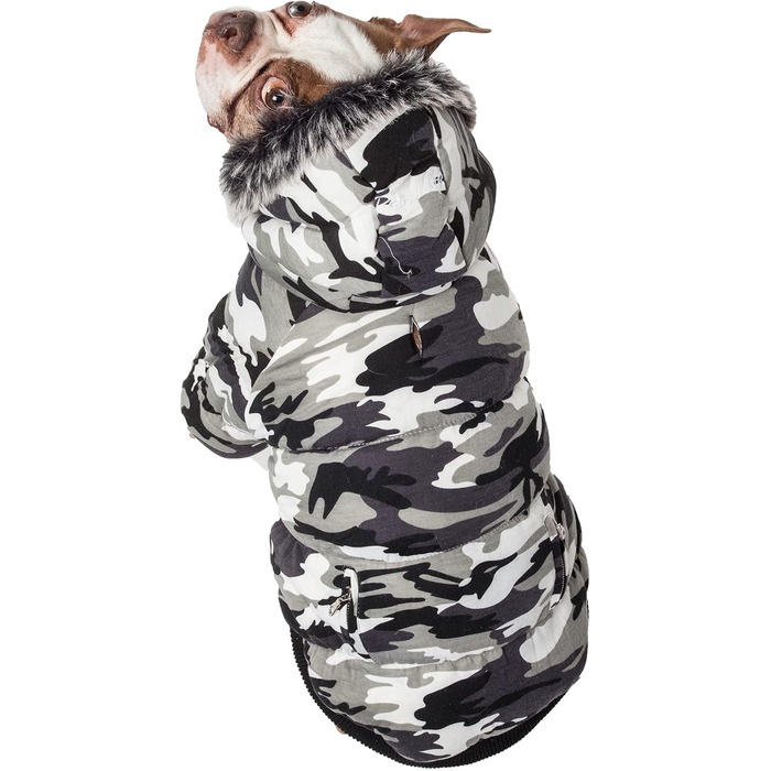 Зимовий теплий нашийник для собак Pet Life з металу, відстібається капюшон, утеплення 3M Thinsulate, камуфляж сірий, для маленьких собак