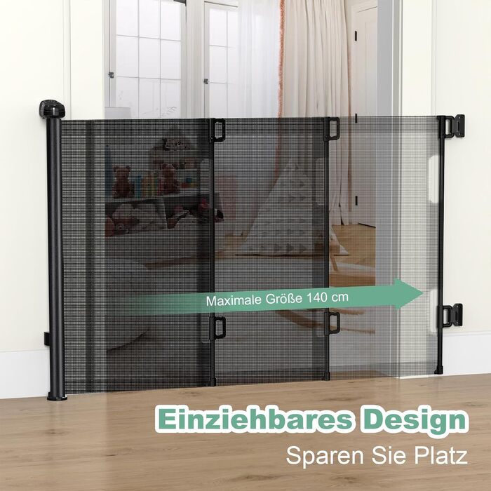 Захист для сходів з замком, висувний захист для дітей та собак, 150 см ширина, 83 см висота, автоматична засувка, чорний (140 см, без свердління)