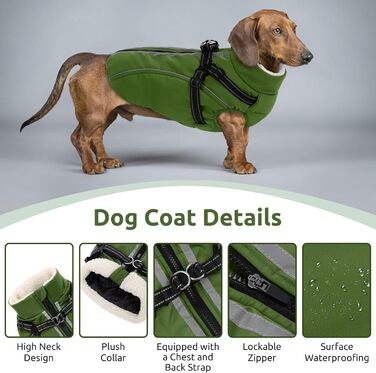 Зимовий теплий одяг для собак з блискавкою, вітронепроникний, з відбиваючими смугами та нагрудником для малих, середніх та великих собак, зелений, розмір M