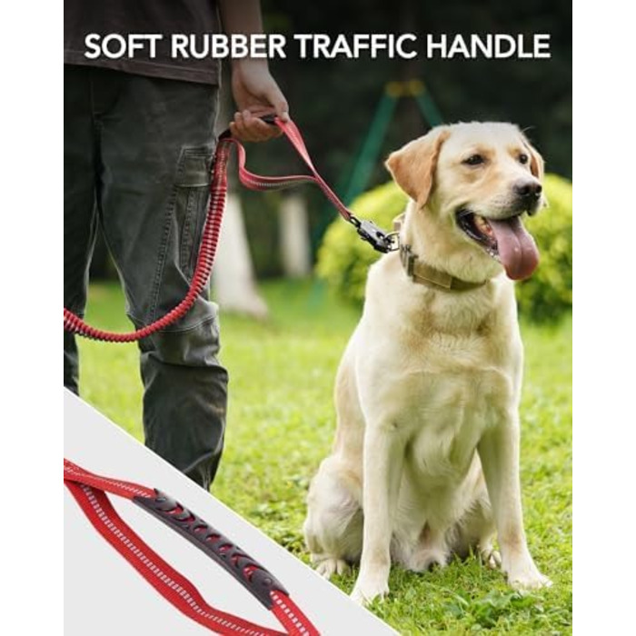 Тактична повідок для собак Joytale, еластична (bungee) повідок з 2 м'якими ручками, автофіксатор, повідок без ривка для собак середніх, великих та екстра-великих порід (1.2м-1.8м, червона)