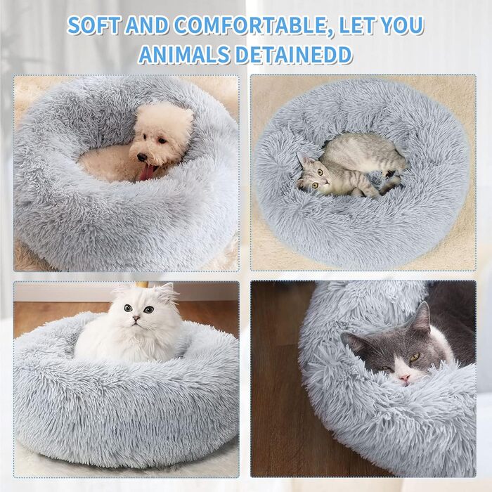 М'яке кругле ліжко для собак 60 см – зручне доріжне ліжко для котів та маленьких собак, миється, не ковзає, плюшеве ліжко для тварин, сірий (L 50 x B 50 x H 20 см, світло-сірий)
