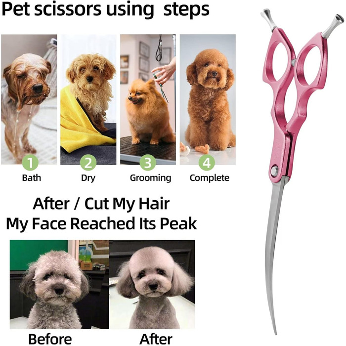 Професійна вигнута коса для грумінгу собак 16,5 см, 440C, нержавіюча сталь, з ручкою з алюмінію (рожева, вигнута)