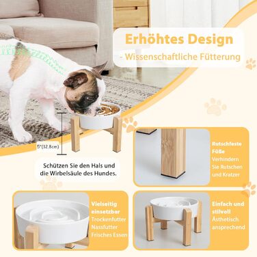 Миска для собак антиблік з кераміки, піднята - миска для собак на бамбуковому антиковзному підставці, миска для повільного годування, для собак маленьких та середніх порід, біла, діаметр 17 см, 1.25 CUP