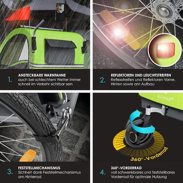 Дитячий велопричіп KESSER Sport-RX 2в1 (візок/велопричіп) для 1-2 дітей, 360° обертання, 5-точкова система кріплення, світловідбивачі, тримач для напоїв та смартфон (світло-зелений)