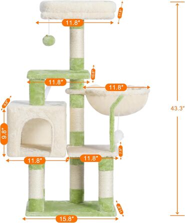 Комплекс для котів Heybly Kratzbaum HCT004SW: Дряпка-будиночок з іграшками, лежаком та сизалевими стовпчиками (43.3 см, зелено-бежевий)