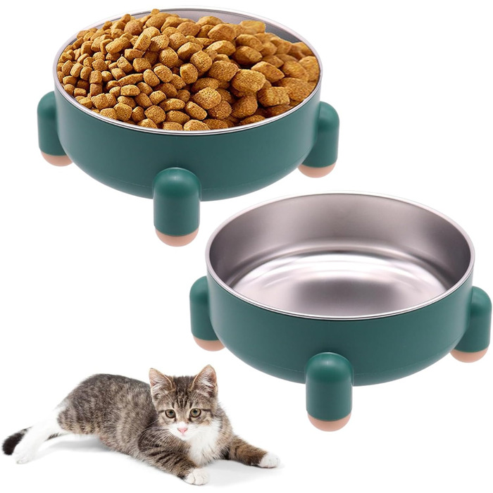 Набір мисок для котів та собак з нержавіючої сталі, 2 шт. (білий та зелений). Зручний дизайн, антиковзаюча основа, легко миються, для котів та маленьких собак