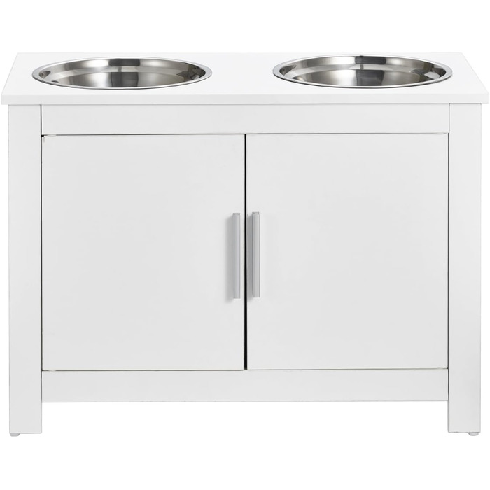 VEVOR шафа-кормниця для собак з 2 нержавіючими мисками 60x30x44 см, підвищена станція для годування з місцем для зберігання, біла, для великих собак