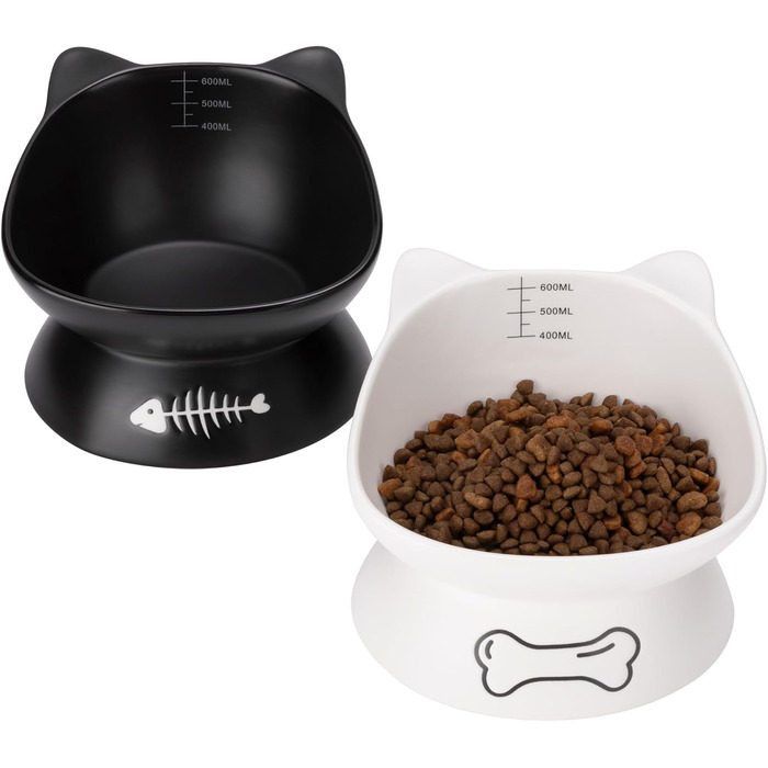 Набір мисок для котів Navaris: 2 миски по 400 мл з позначеннями об'єму, піднята годівниця, кераміка, стильний дизайн