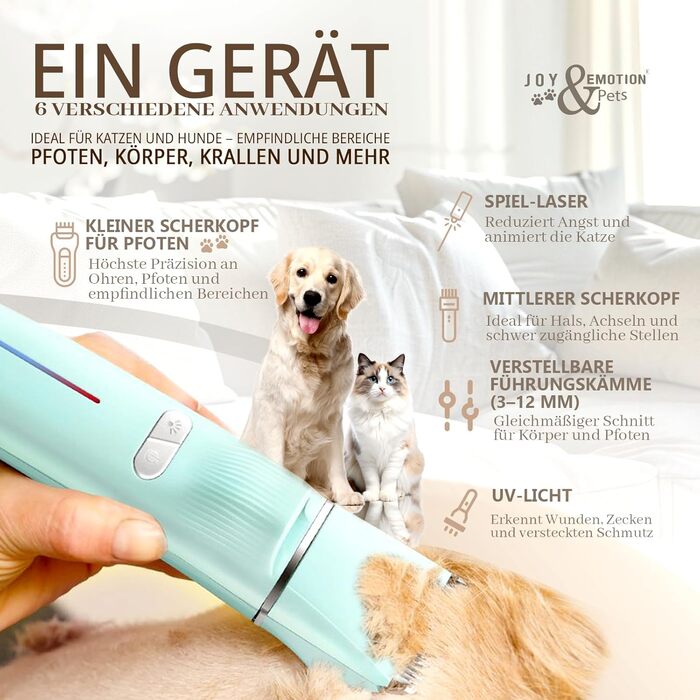 Машинка для стрижки собак та котів JOY & EMOTION® 6-в-1 з лазером та УФ-світлом | Бездротова машинка для грумінгу тварин | Тиха машинка для стрижки кігтів