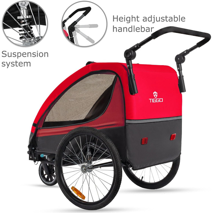 Дитячий велопричіп Tiggo VS 2в1 з амортизацією та поворотним з'єднанням 360° - для 1-2 дітей (до 40 кг), червоний