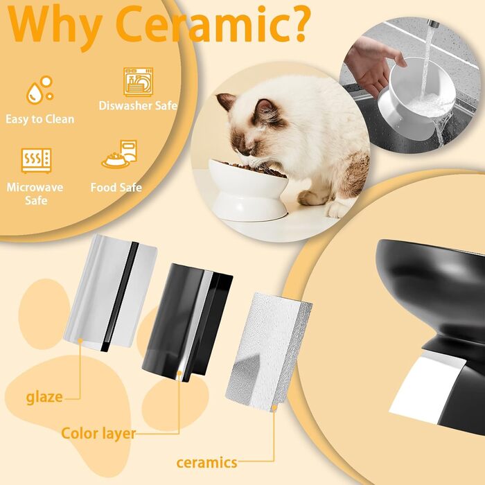 Підвищений годівниця для котів, кераміка, піднятий та нахилений годівниця, проти блювоти, без стресу, для котів та маленьких собак, 150 мл, чорний, 1 шт.