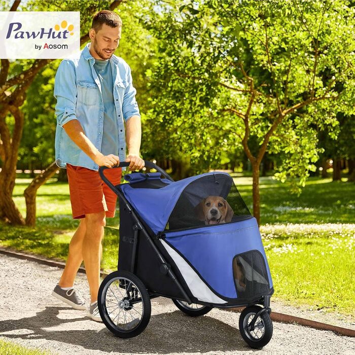 Візок для собак PawHut - зручний та безпечний візок для собак середніх та великих порід (до 30 кг), з сітковими віконцями та надійною системою безпеки, блакитний, матеріал: Oxford