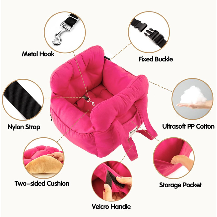 Автокрісло для собак маленьких порід, переноска для цуценят, зручне встановлення, стильна сумка для тварин з великою кишенею, автосидіння для собак, яке можна прати в машині (Рожевий)