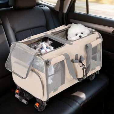 Транспортна переноска для собак та котів з колесами, складна, з дихаючими віконцями, двокамерна (Бежевий)