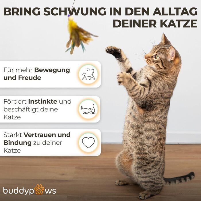 BuddyPaws® Паличка-пір'їна для котів Stabil – Інтерактивна іграшка з 4 пір'ями та котячою м'ятою, висувна 42-104 см, гнучка, з запасним шнуром, аксесуари для котів