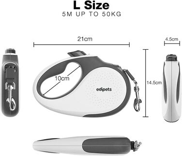 Hundeleine Edipets висувна та втягувана, 5 м, 360°, нейлон, для маленьких, середніх та великих собак (білий, L)