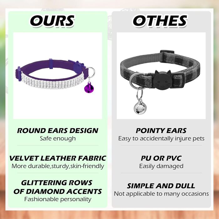 Нашийник для котів ExPawlorer з дзвіночком та стразами, м'який оксамит, безпечний, регульований, для котів та маленьких собак, 2 шт. (чорний та фіолетовий), 9'-12'