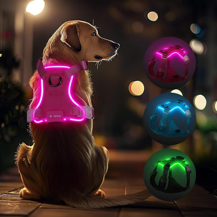 Світловідбиваючий нашийник для собак великих порід Feycig з LED підсвічуванням, акумуляторний, регульований, 3 режими світла, висока видимість (Рожевий, Medium)
